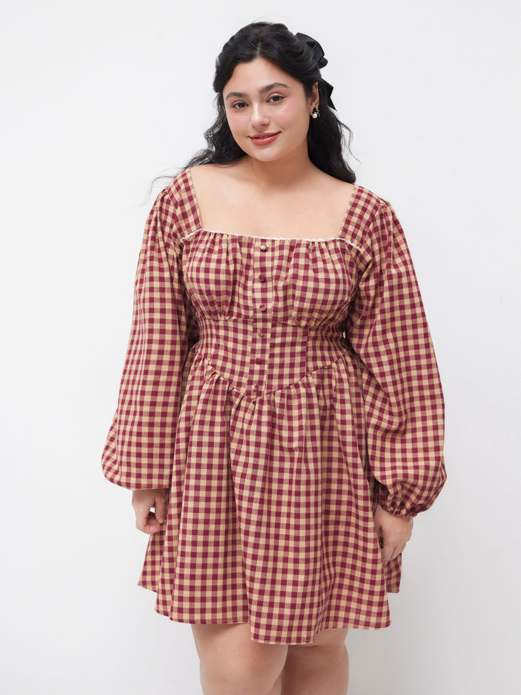 Cotton-blend Gingham Knotted Ruffle  Shirred Mini Dress Curve & Plus