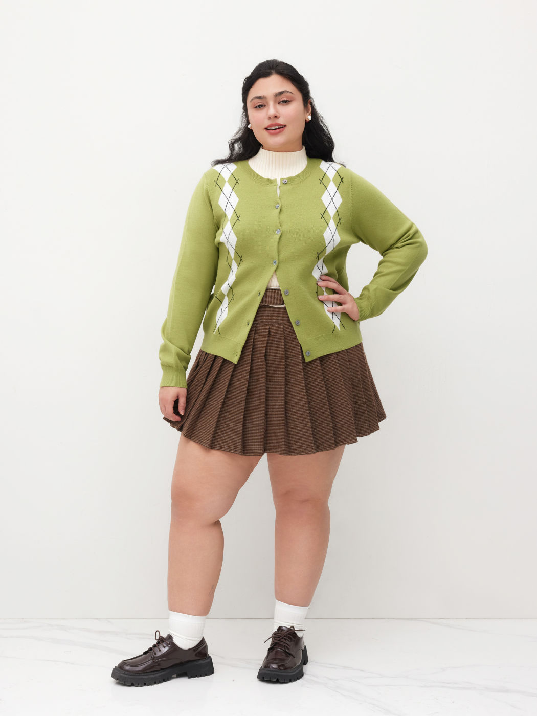 Knit Round Neckline Argyle Pattern Cardigan Curve & Plus