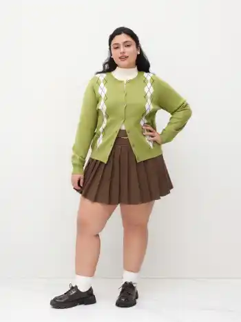 Knit Round Neckline Argyle Pattern Cardigan Curve & Plus
