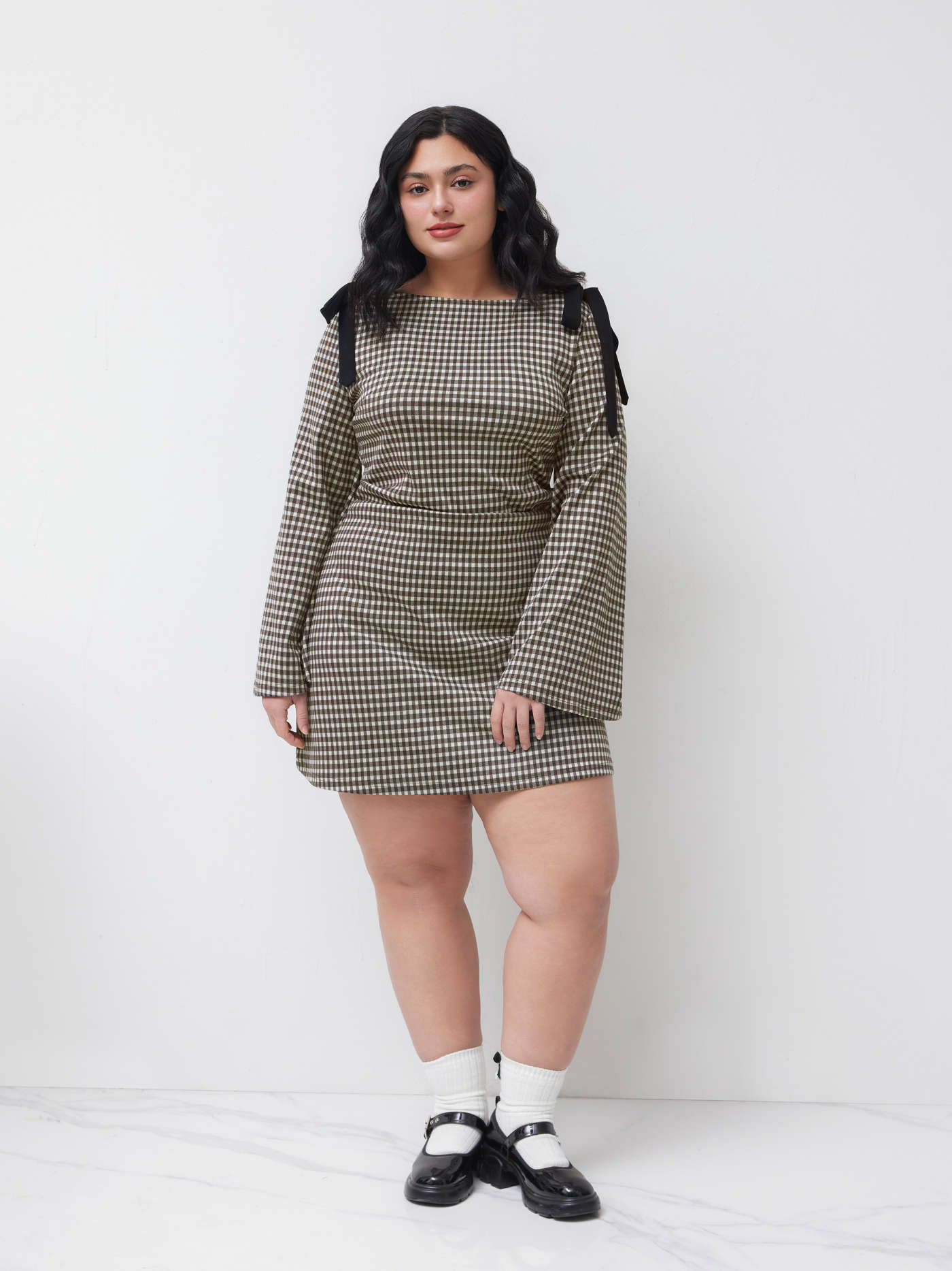 Cotton-blend Boat Neck Gingham Bowknot Ruched Mini Dress Curve & Plus