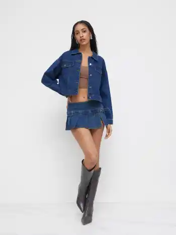 Stretch Denim Low Rise Split Pleated Mini Skirt