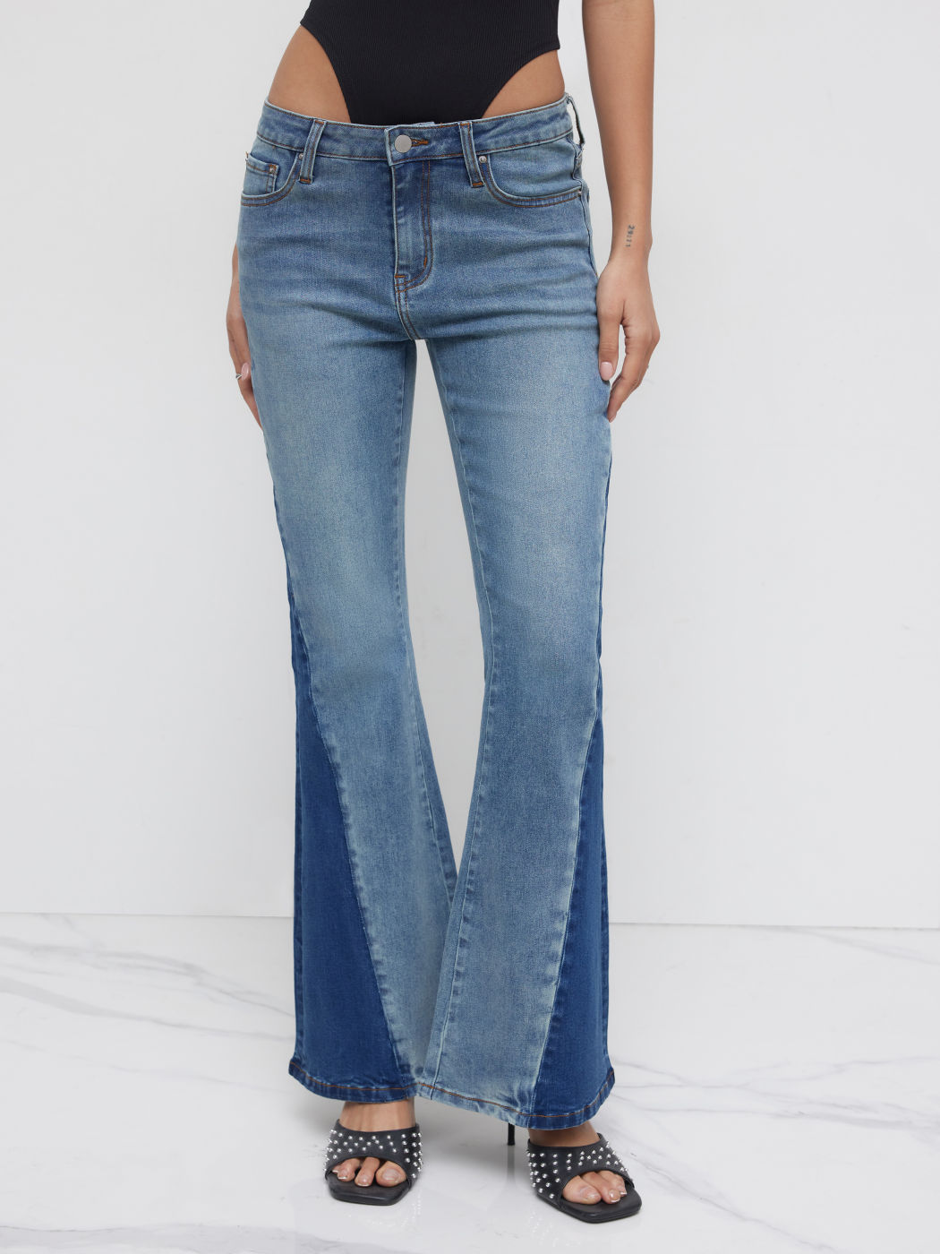 High Stretch Cider Denim Low Rise Patched Flared Jeans
