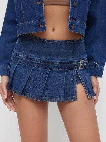 Stretch Denim Low Rise Split Pleated Mini Skirt