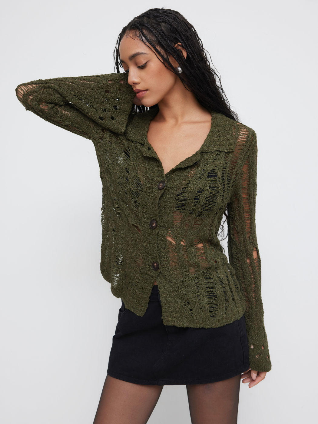 Knit Collar Ripped Hollow Out Oversized Cardigan