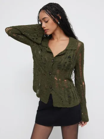 Knit Collar Ripped Hollow Out Oversized Cardigan