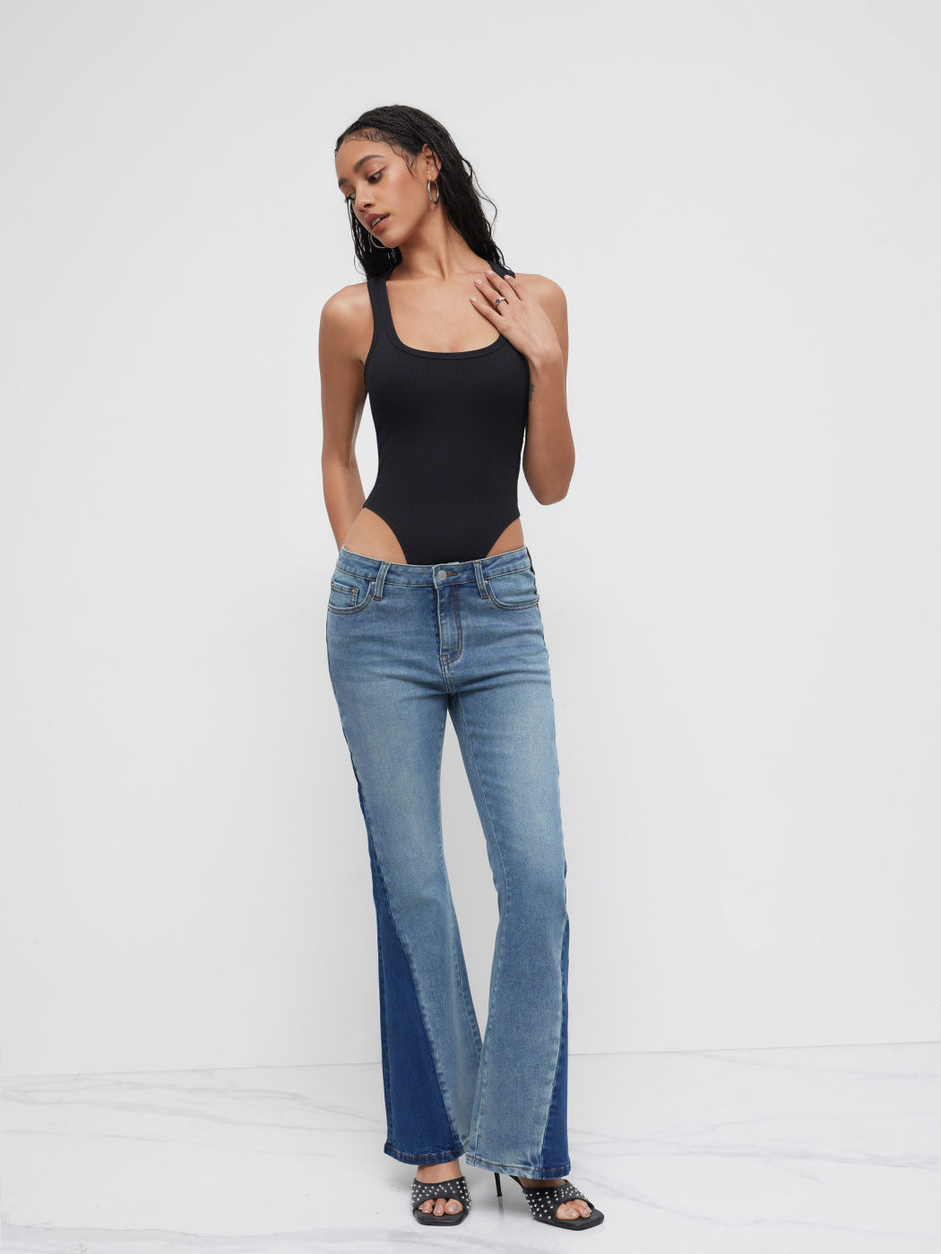 High Stretch Cider Denim Low Rise Patched Flared Jeans