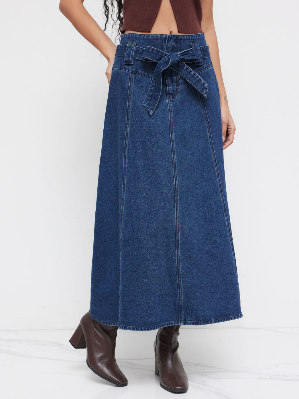 Denim High Rise Bow Maxi Skirt With Belt