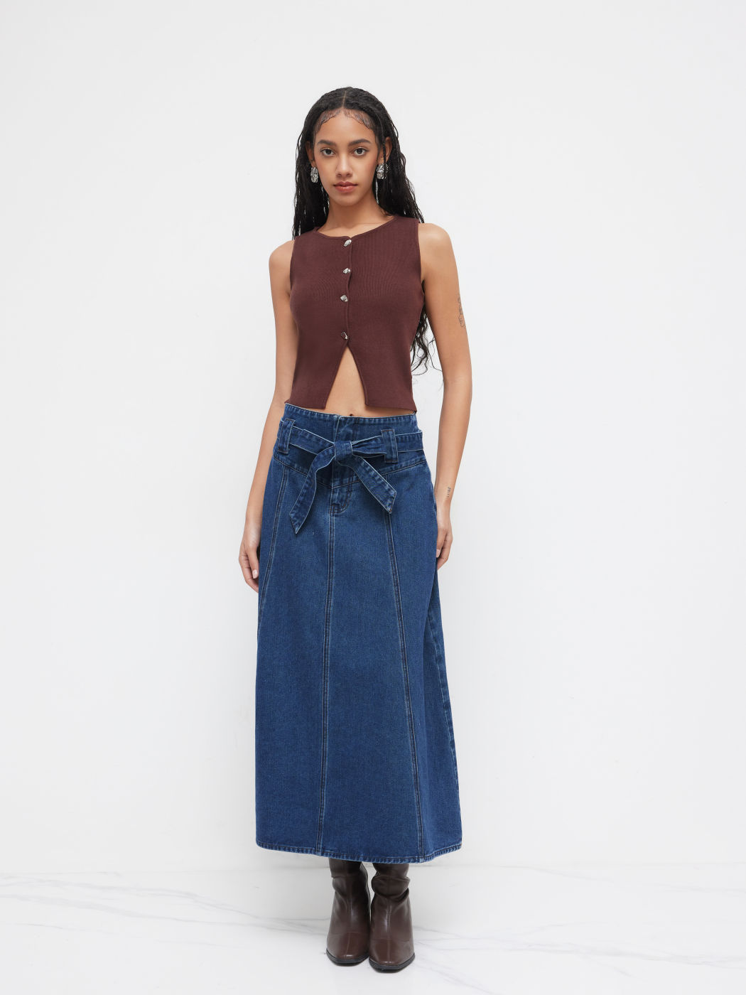 Denim High Rise Bow Maxi Skirt With Belt