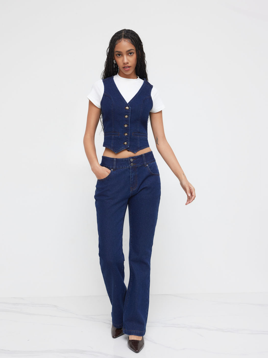 Stretch Denim Low Rise Button Flared Jeans
