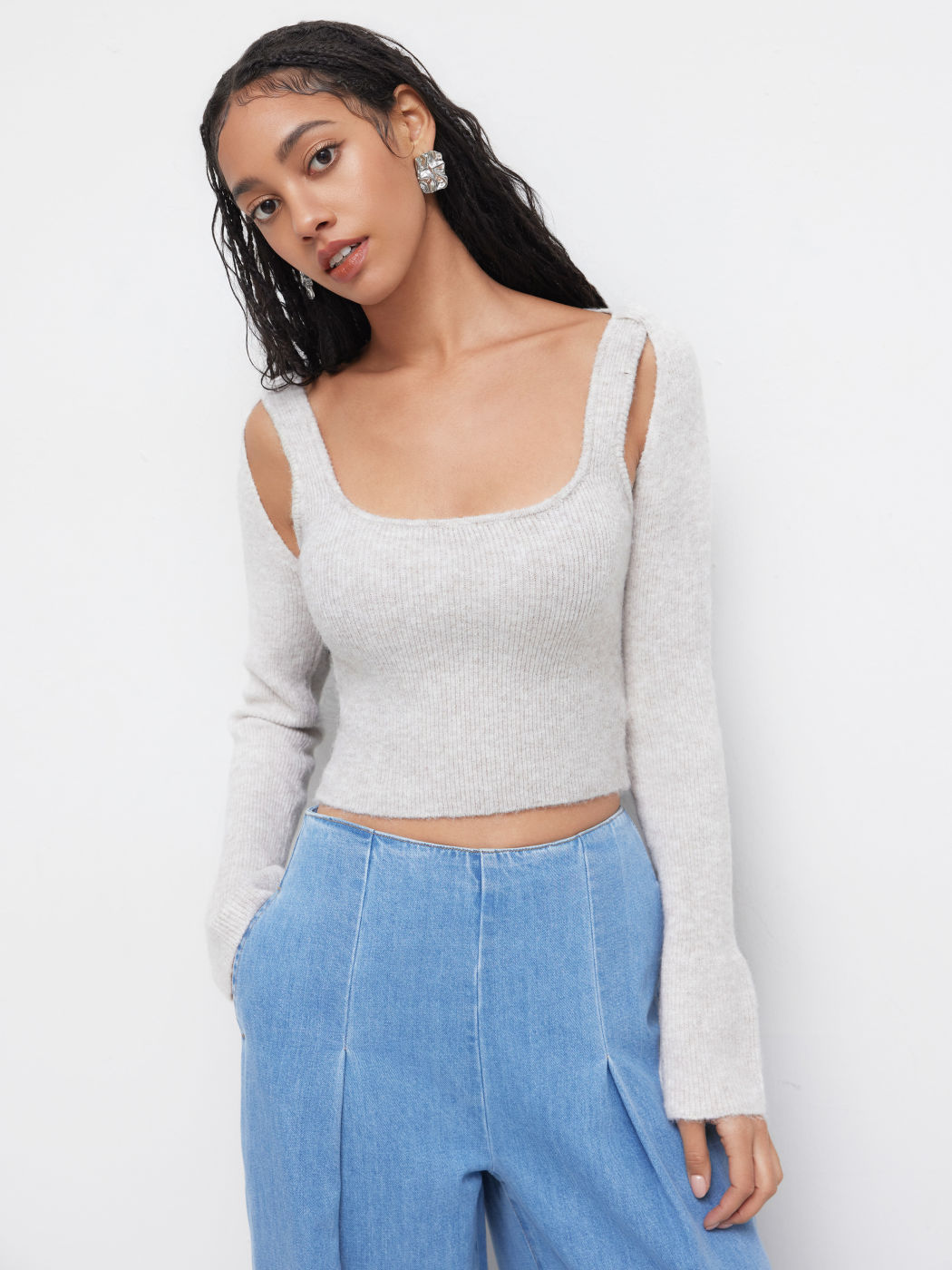 Wollmischung U-Ausschnitt Cut Out Crop Top