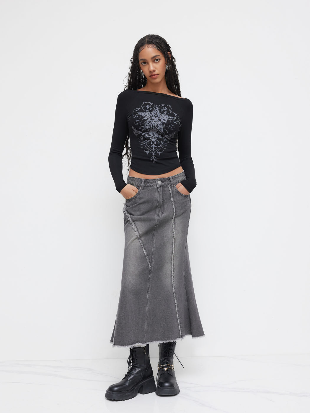 Denim Mid Rise Raw Hem Mermaid Maxi Skirt