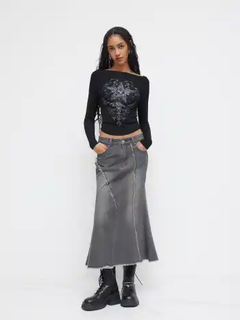 Denim Mid Rise Raw Hem Mermaid Maxi Skirt