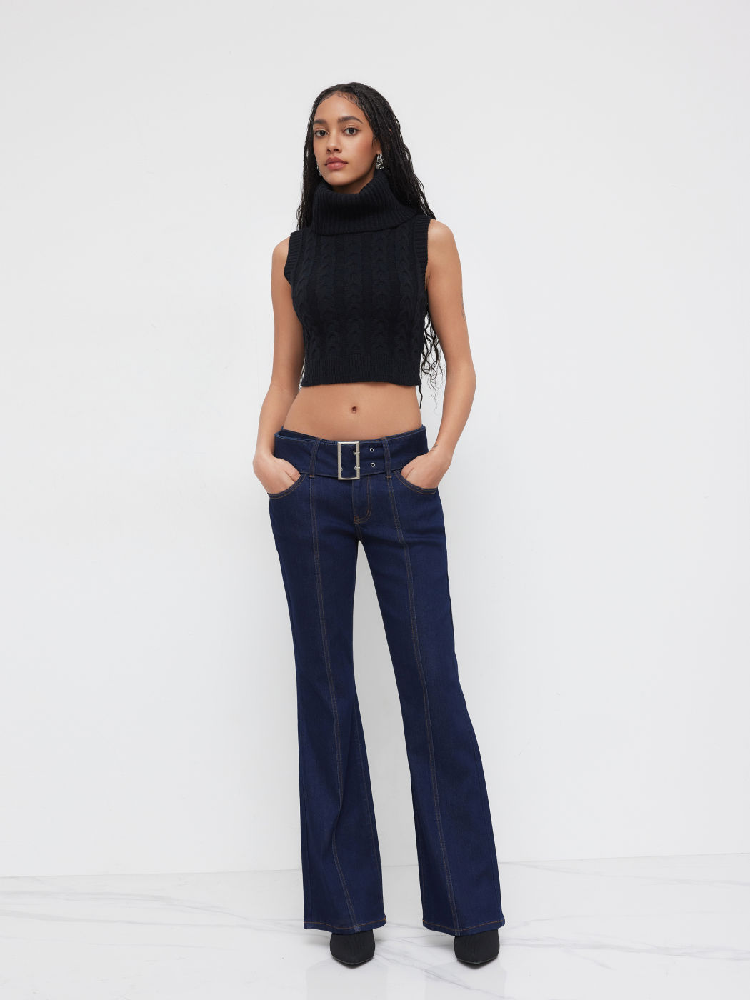 Denim High Stretch Low Rise Flared Jeans With Belt