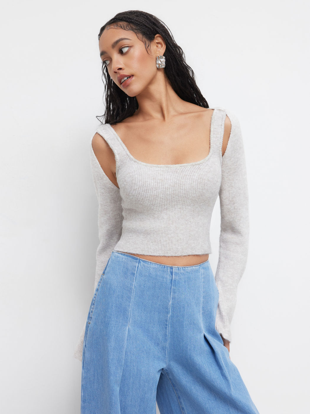 Wollmischung U-Ausschnitt Cut Out Crop Top