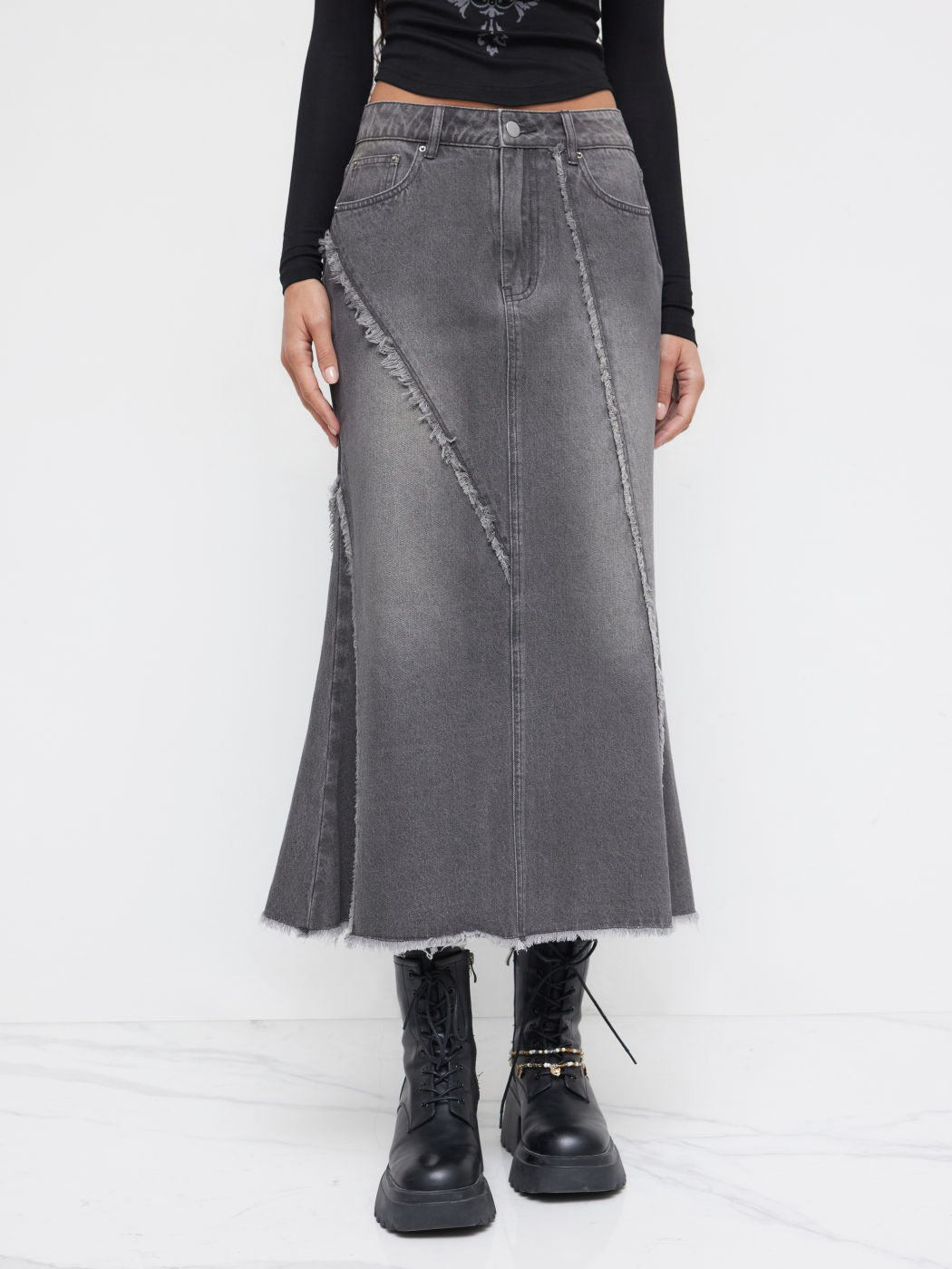 Denim Mid Rise Raw Hem Mermaid Maxi Skirt