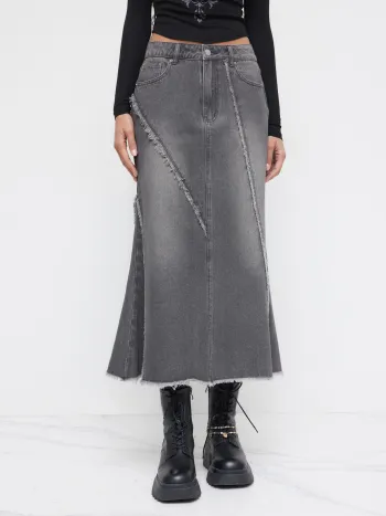 Denim Mid Rise Raw Hem Mermaid Maxi Skirt