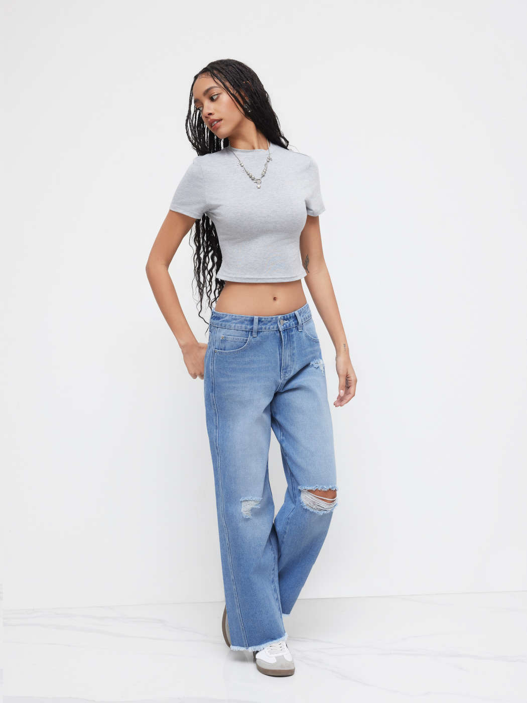 Denim Jeans a gamba dritta strappati a vita bassa in denim Cider