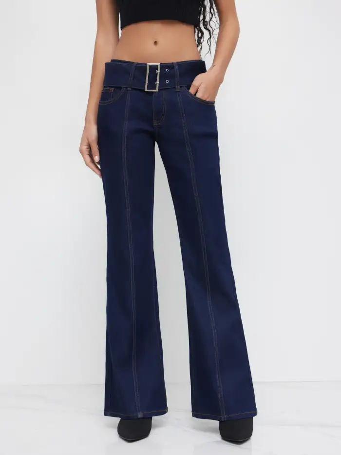 Denim High Stretch Denim Mid Rise Flared Jeans With Belt Curve & Plus For Daily Casual