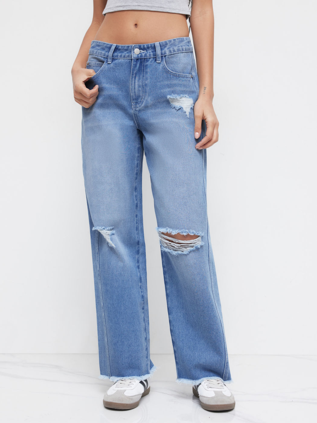 Cider Denim Low Rise Ripped Straight Leg Jeans
