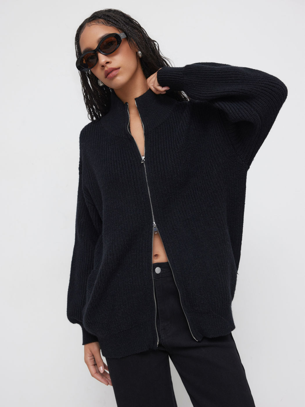 Knit High Neck Zip Through Oversized Cardigan