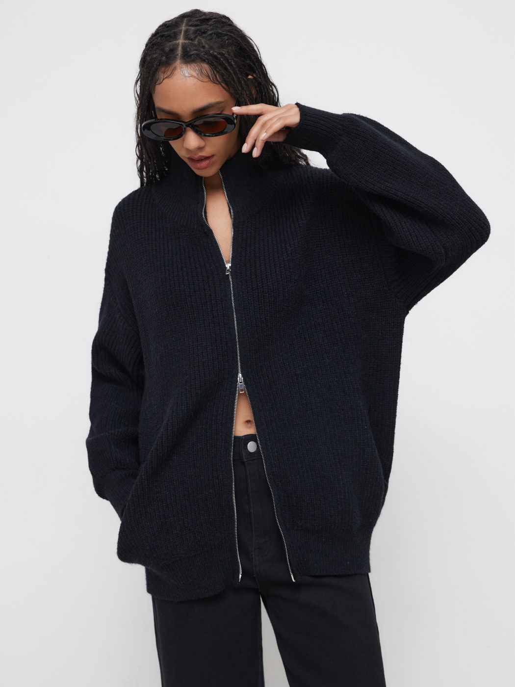 Knit High Neck Zip Through Oversized Cardigan