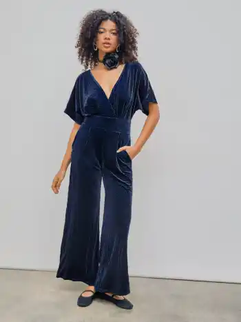 Velvet V-neck Solid Ruffle Jumpsuit