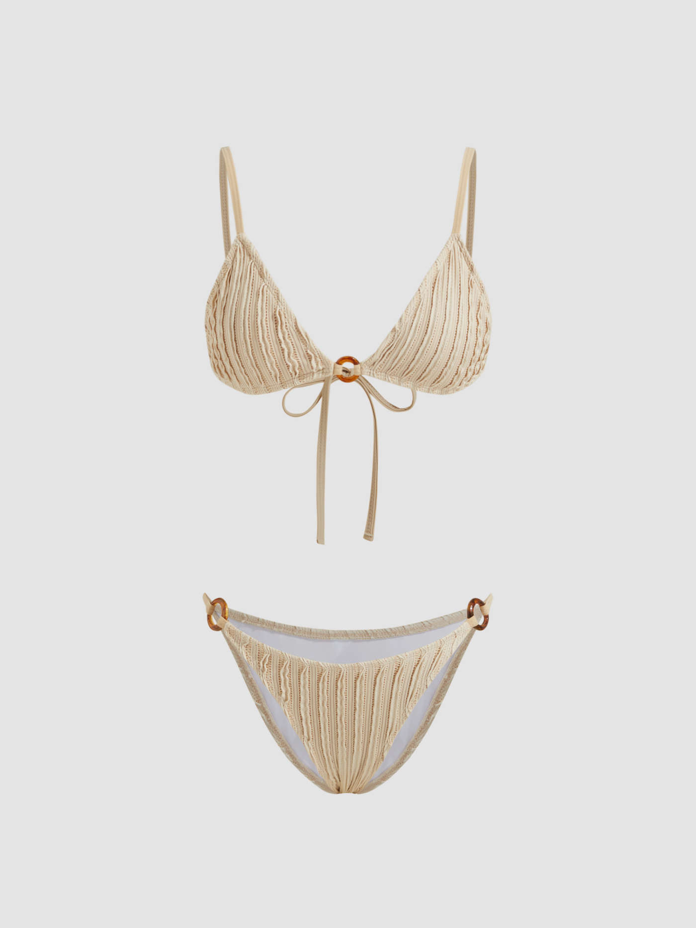 Knit Fabric V-neck O-ring Lettuce Trim Triangle Bikini Set For Vacation Swimming Pool