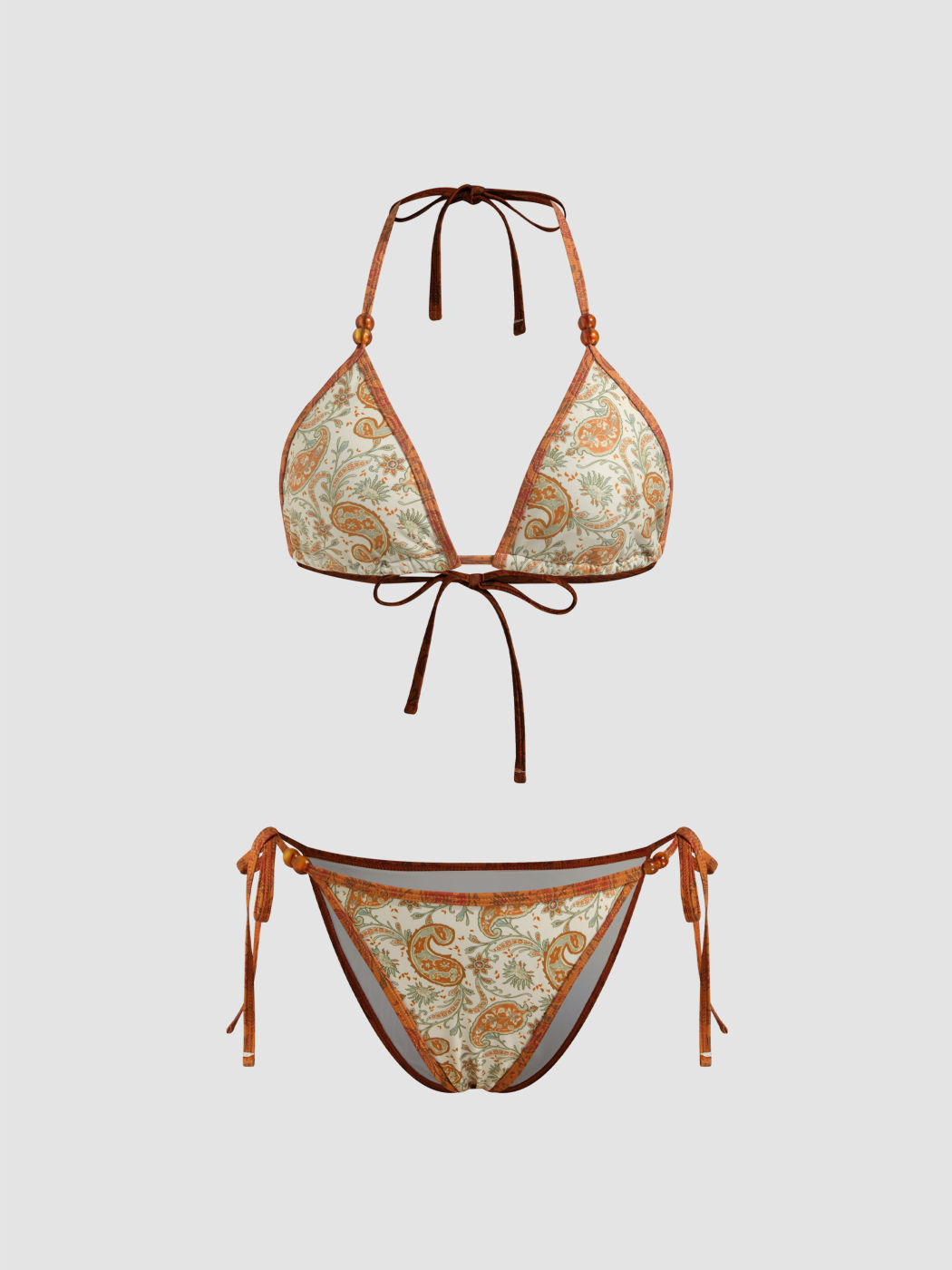 V-neck Paisley Beaded Detail Triangle Bikini Set