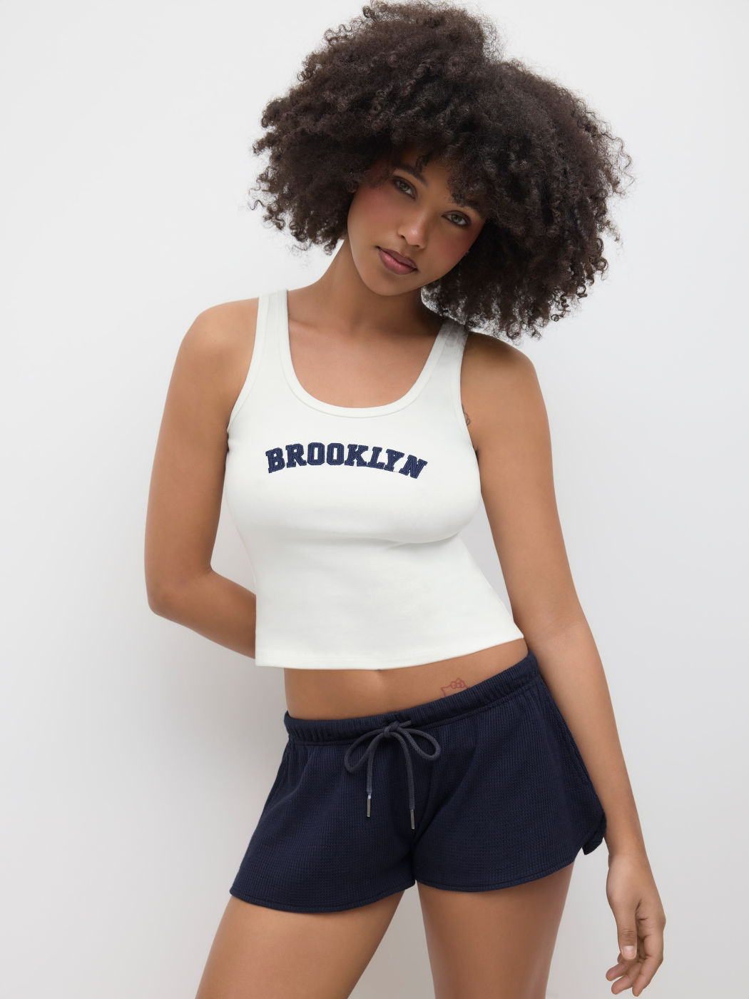 BROOKLYN Cotton-blend U-neckline Graphic Tank Top & Low Rise Knotted Wide Leg Shorts