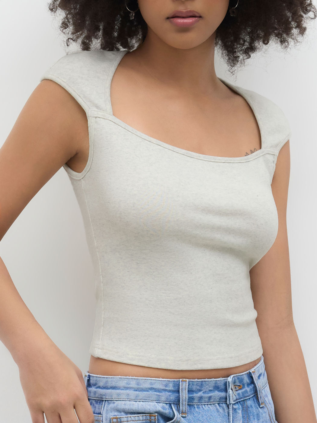 Cotton-blend Square Neck Short Sleeve Tee