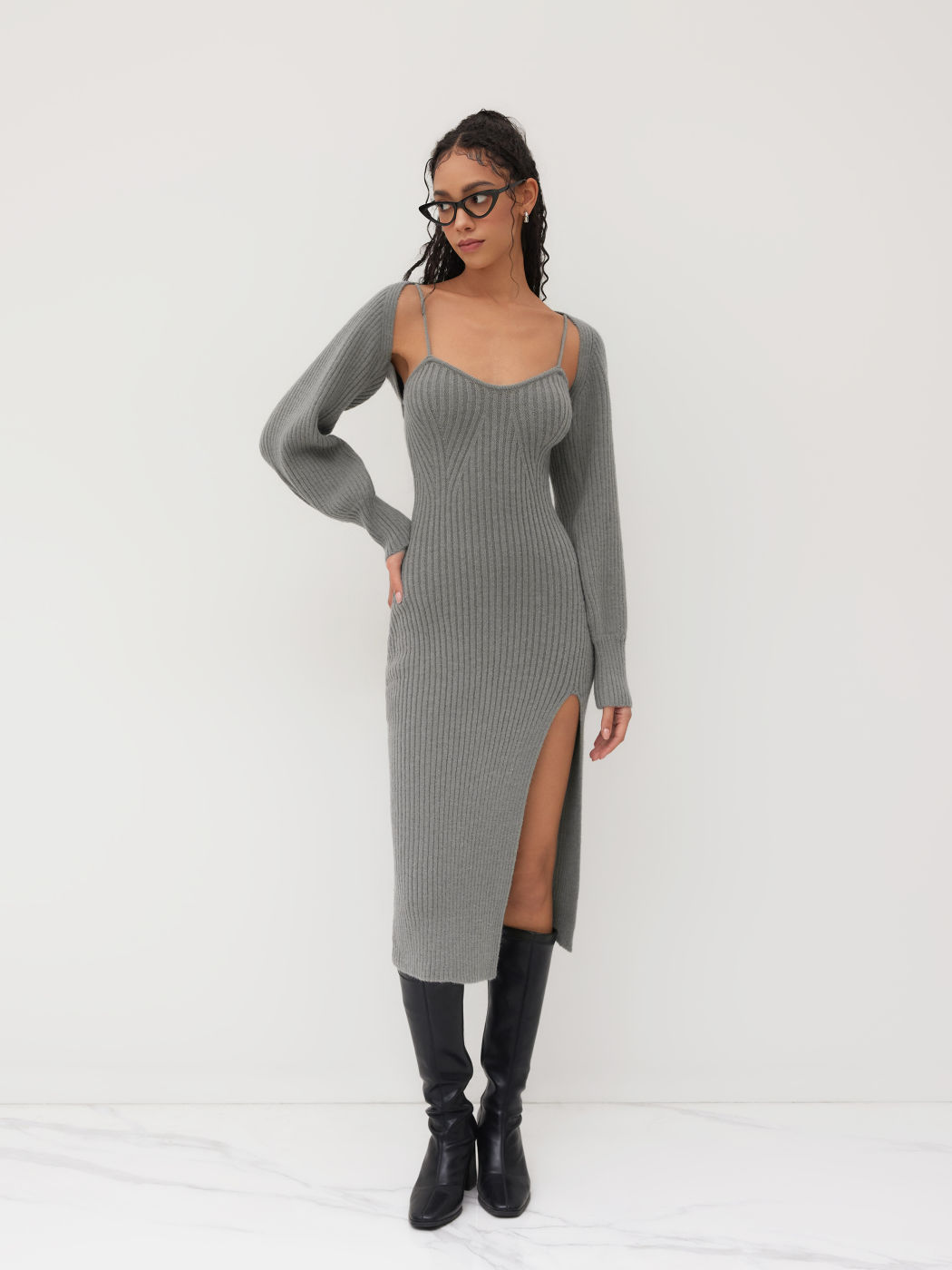 Strick-Einfarbiges Cami-Split-Midikleid & Strickjacke