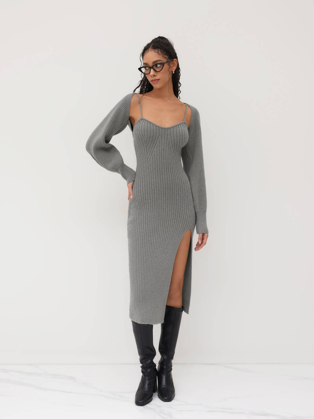 Knit Solid Cami Split Midi Dress & Crop Top