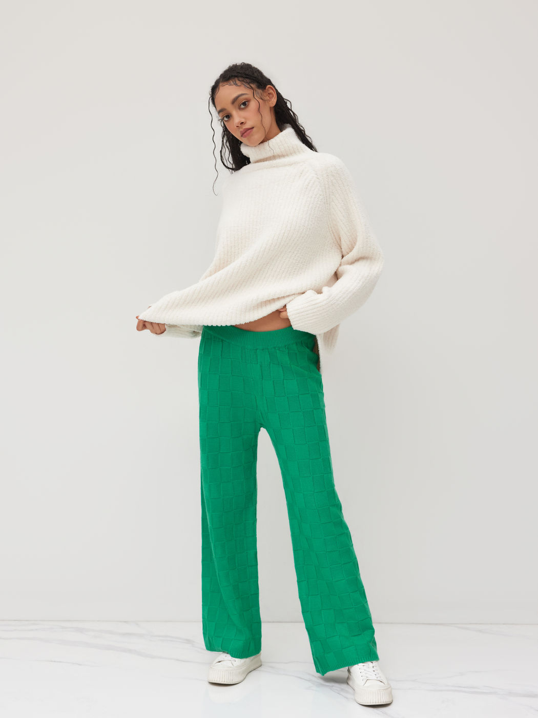 Solid Knitted High Waist Straight Leg Trousers