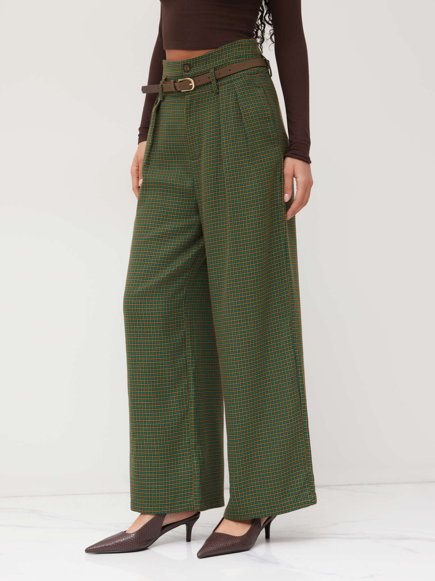 Preppy Woven Houndstooth High Waist Wide Leg Trousers With Belt For School Work