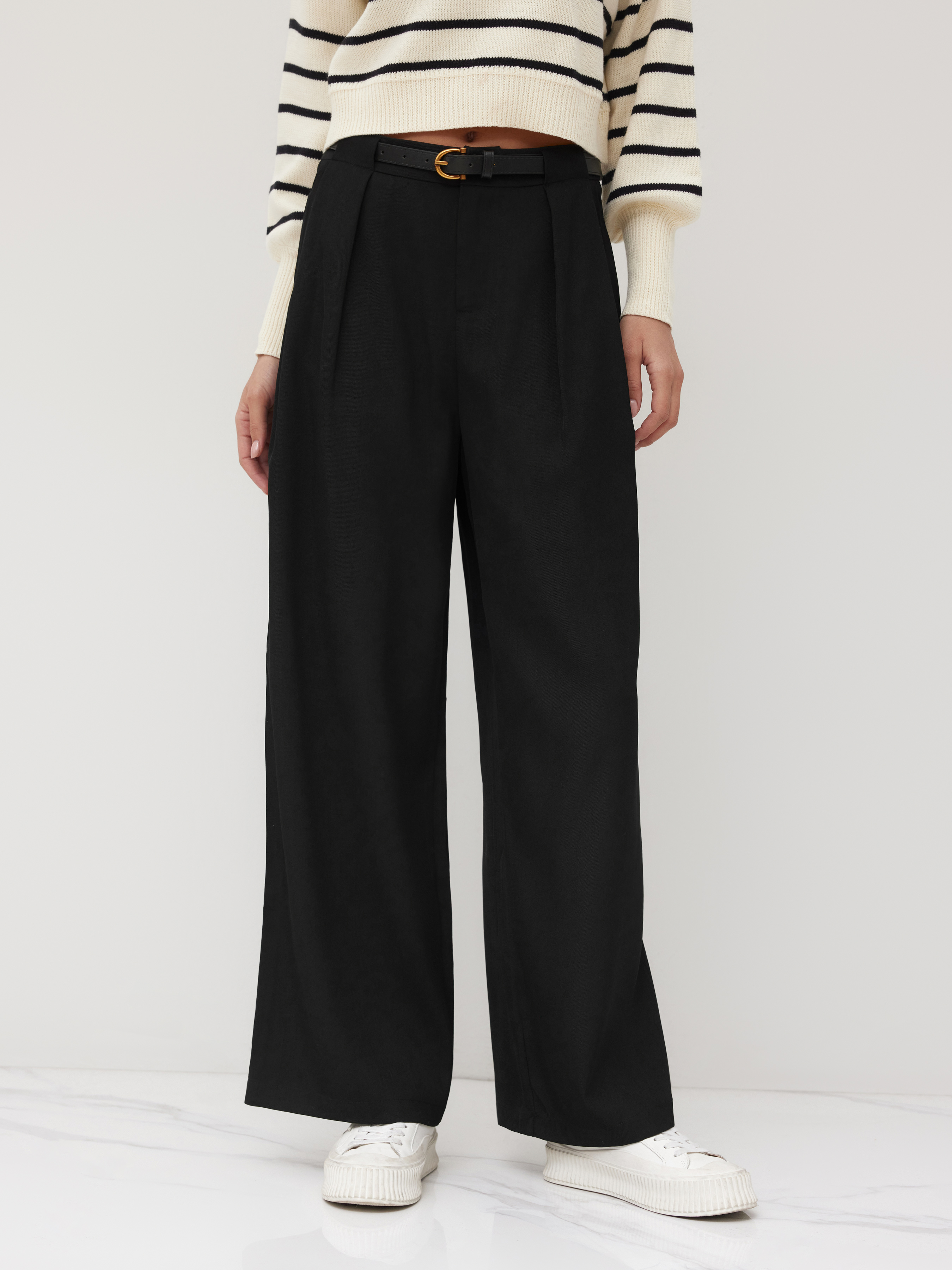 Woven Belted Mid Rise Straight Leg Trouser For Daily Casual