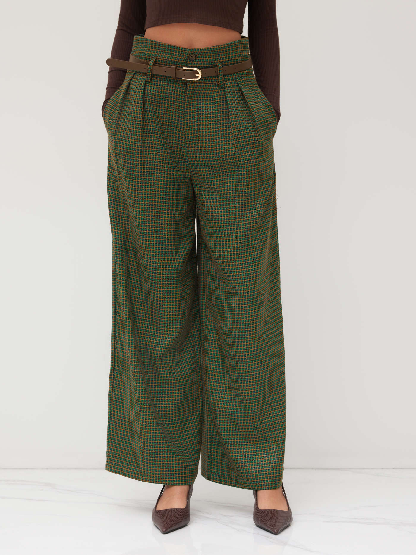 Preppy Woven Houndstooth High Waist Wide Leg Trousers With Belt For School Work