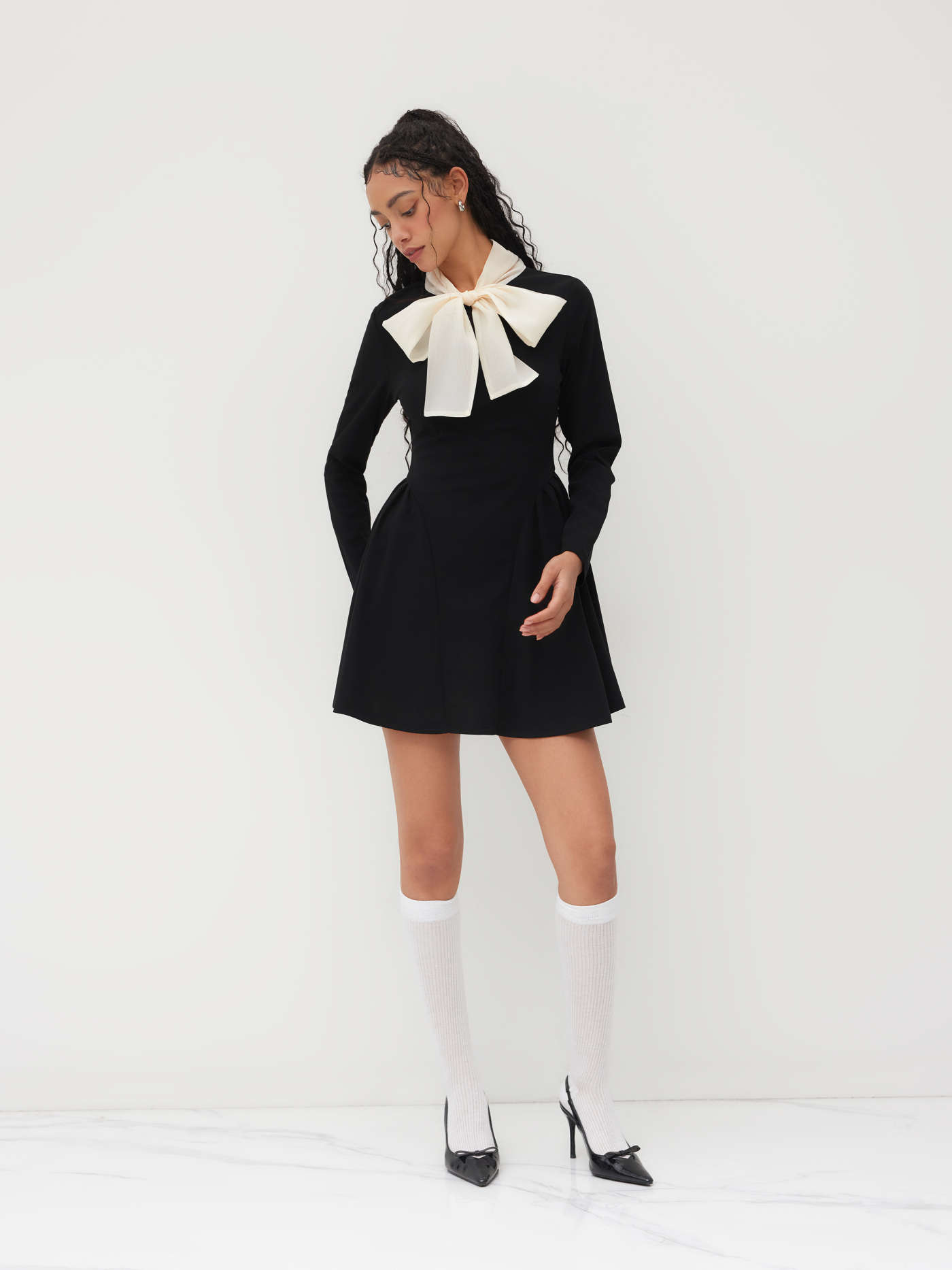 High Neck Solid Knotted Ruffle Hem Long Sleeve Mini Dress
