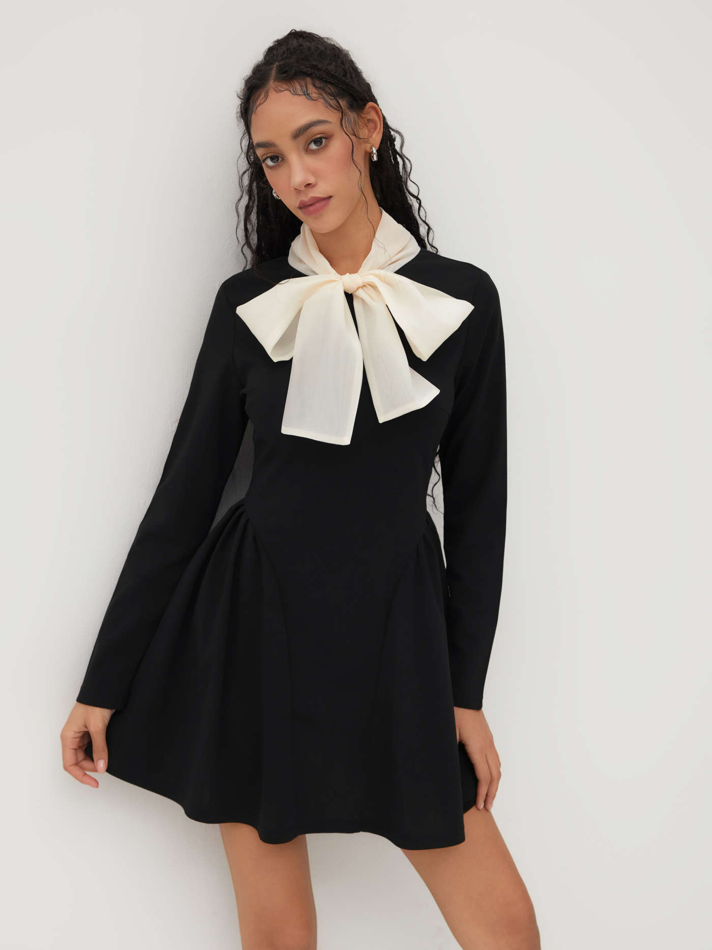 High Neck Solid Knotted Ruffle Hem Long Sleeve Mini Dress