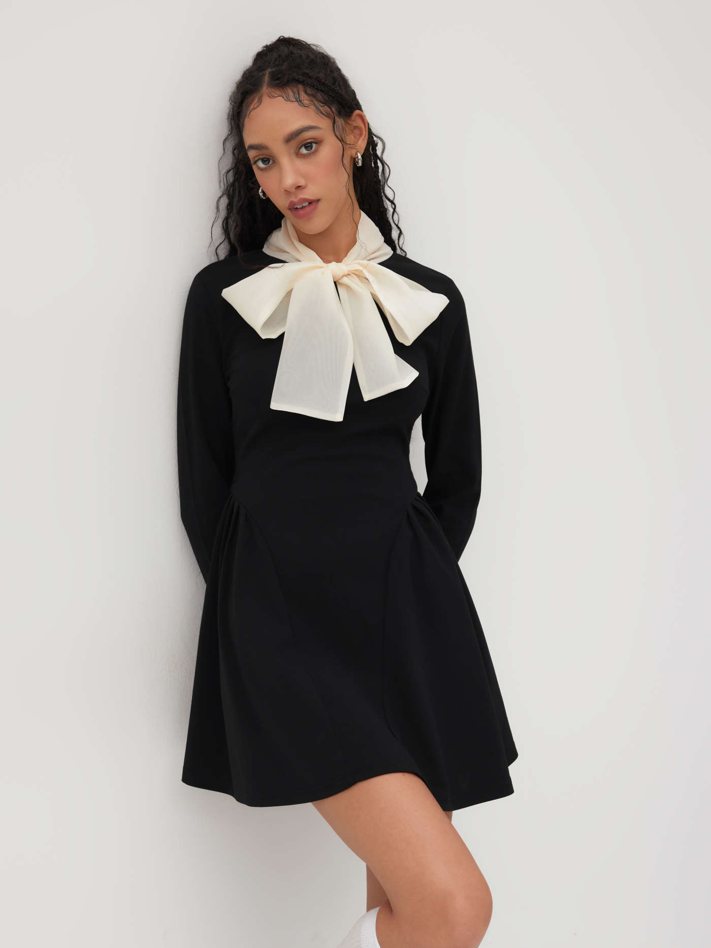 High Neck Solid Knotted Ruffle Hem Long Sleeve Mini Dress