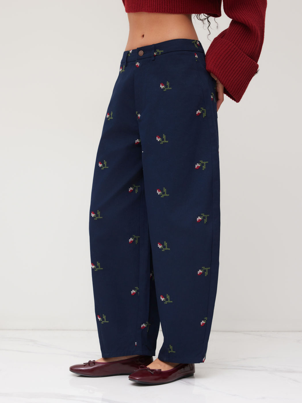 100% Cotton Mid Rise Embroidery Barrel-leg Trousers