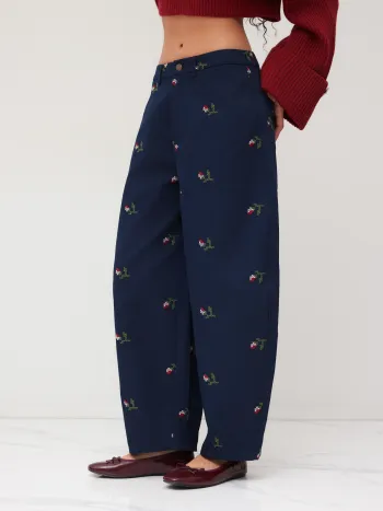 100% Cotton Mid Rise Embroidery Barrel-leg Trousers