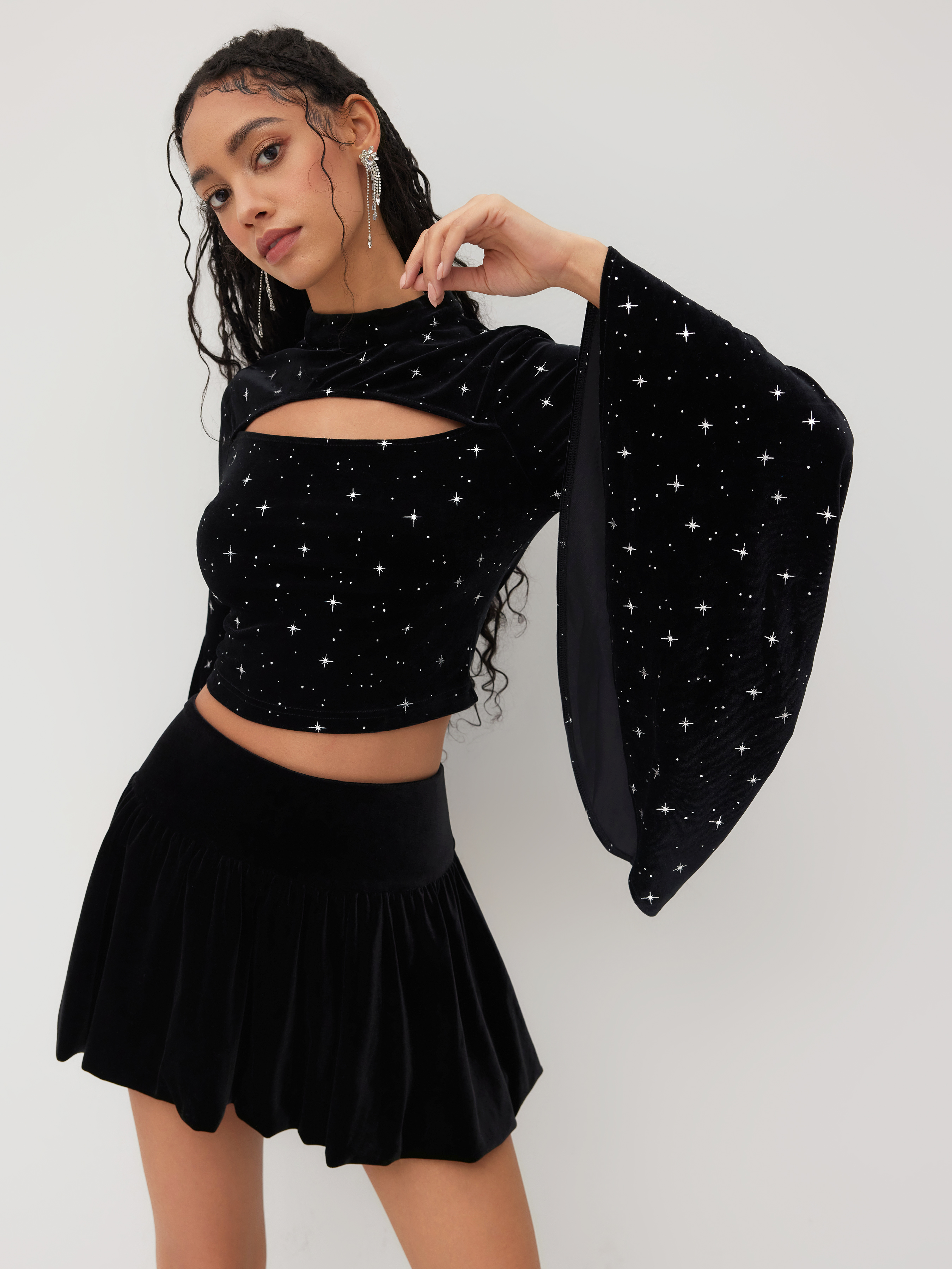 Velvet Velvet Star Pattern Bell Sleeve Crop Top For Date