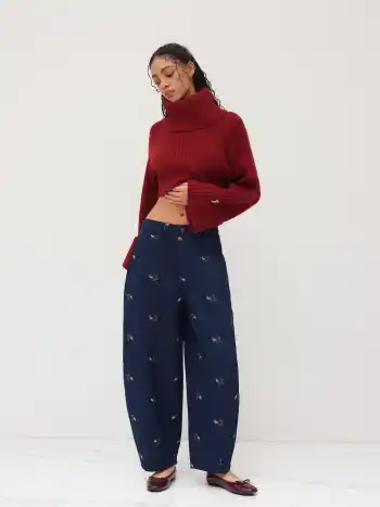 100% Cotton Mid Rise Embroidery Barrel-leg Trousers