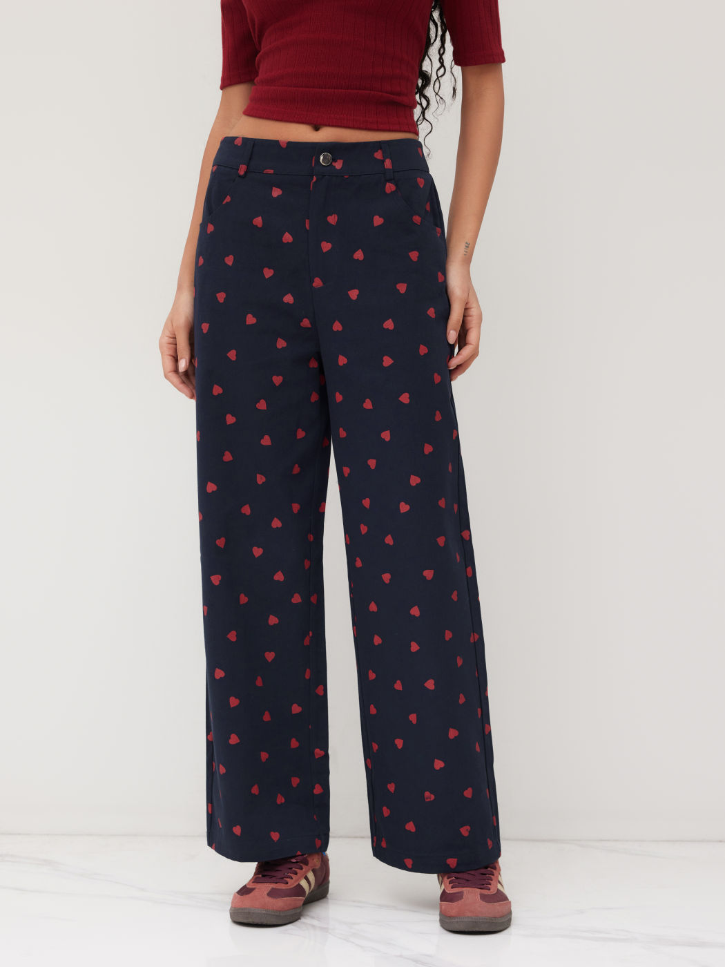 100% Cotton High Rise Heart Graphic Button Straight Leg Trousers