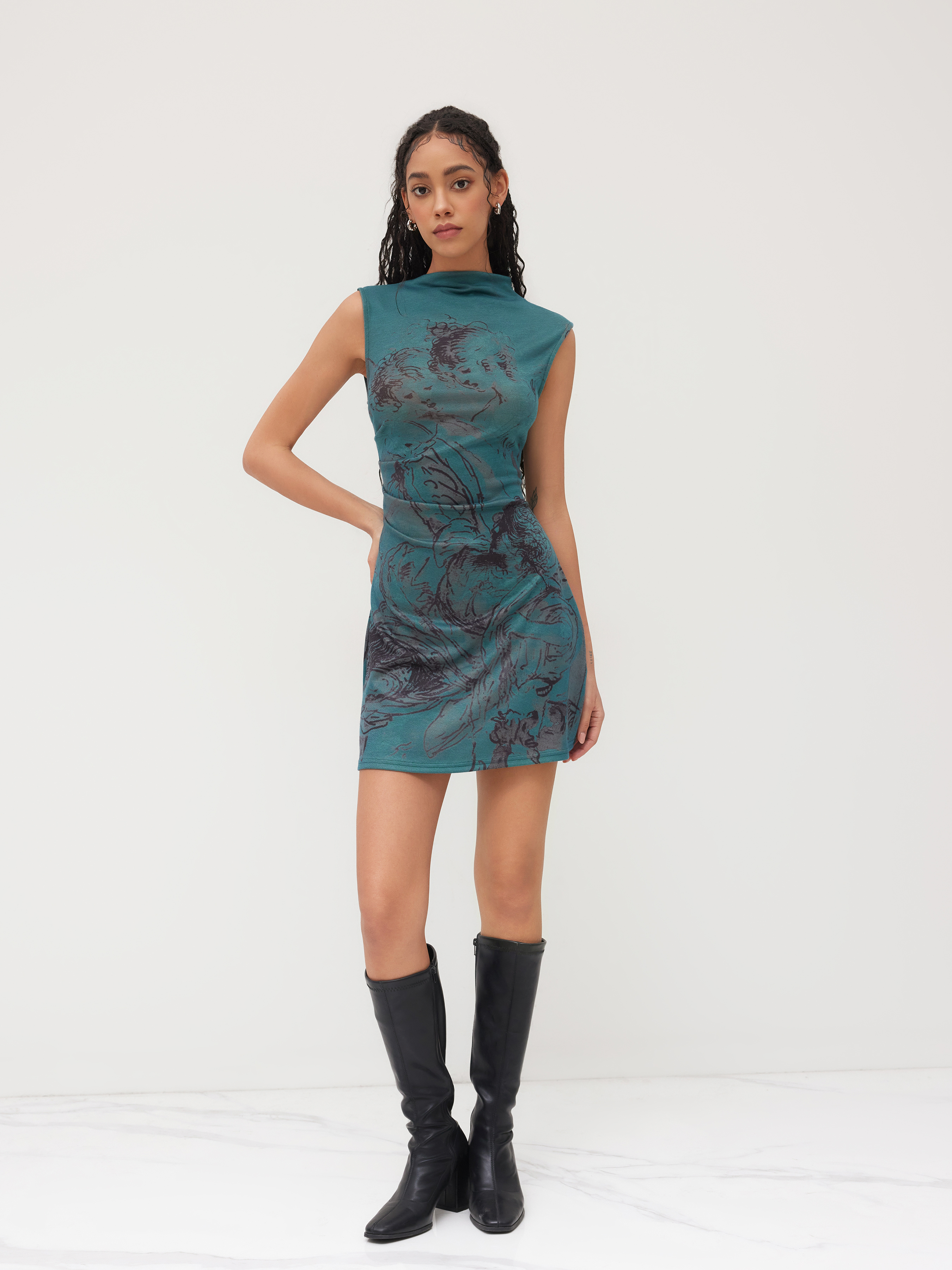Jersey Stand Collar Figure Graphic Ruched Mini Dress For