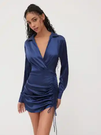 Solid Drawstring Satin Mini Shirt Dress