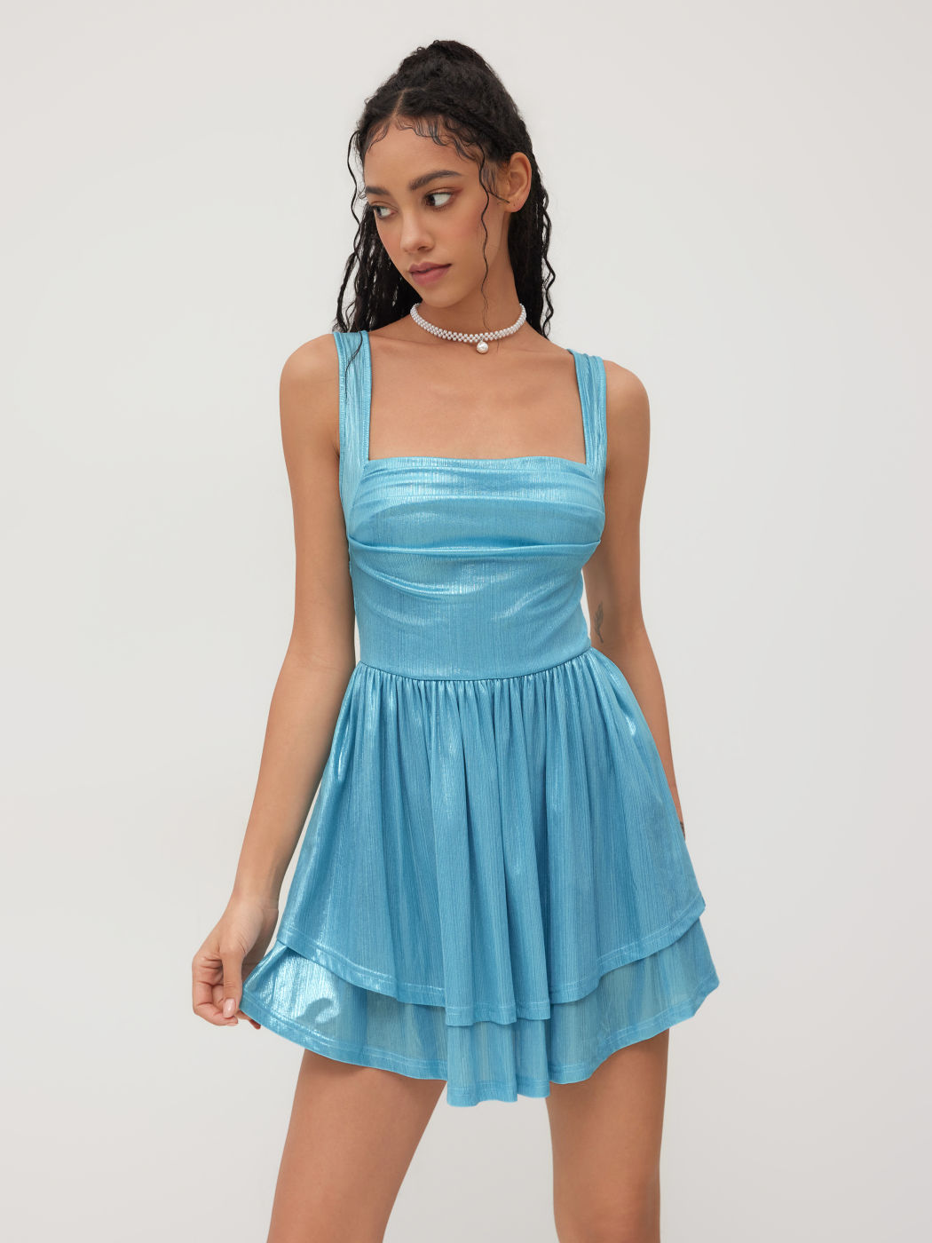 Metallic Square Neck Ruffle Tiered Mini Dress
