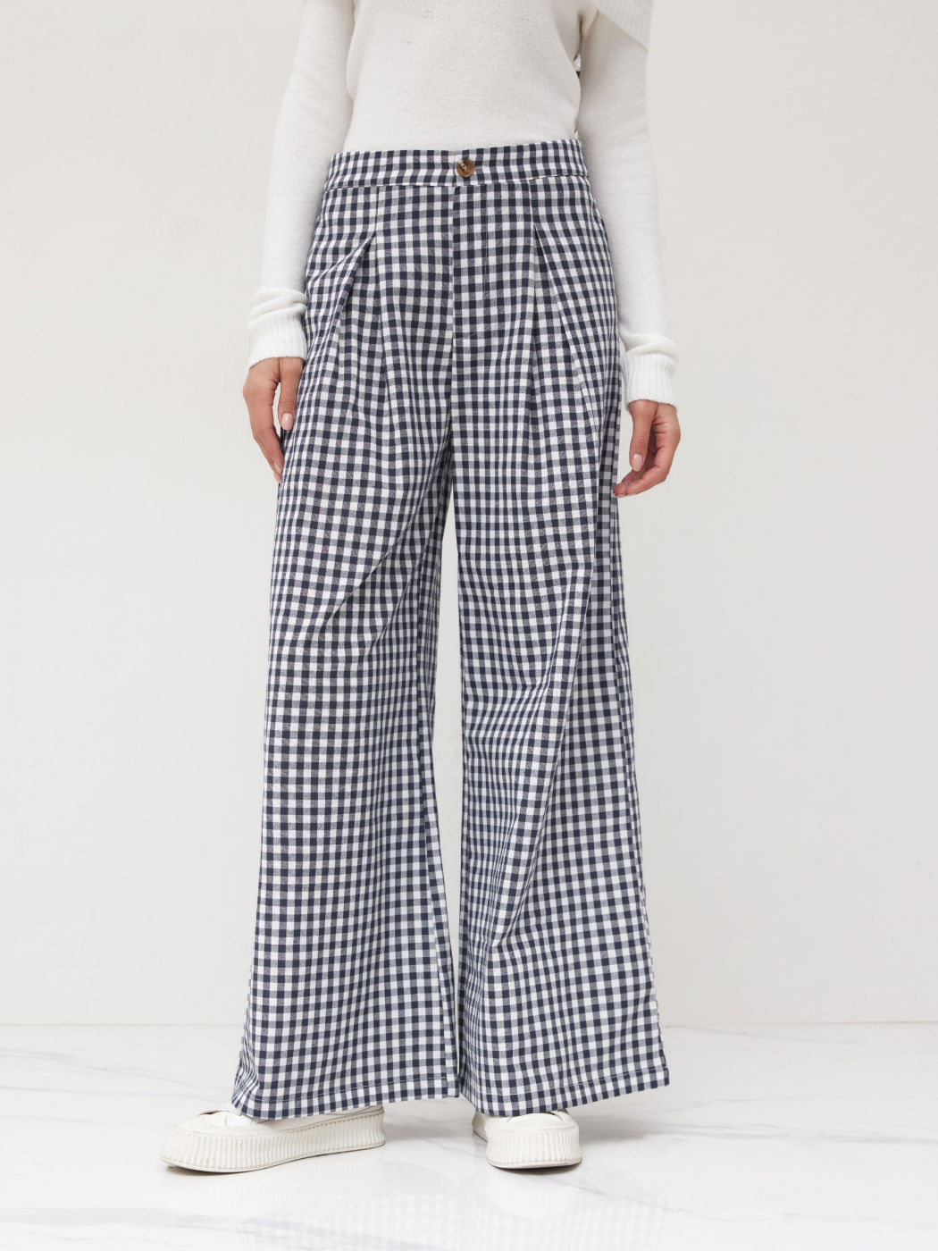 Cotton-blend High Rise Gingham Pocket Wide Leg Trousers