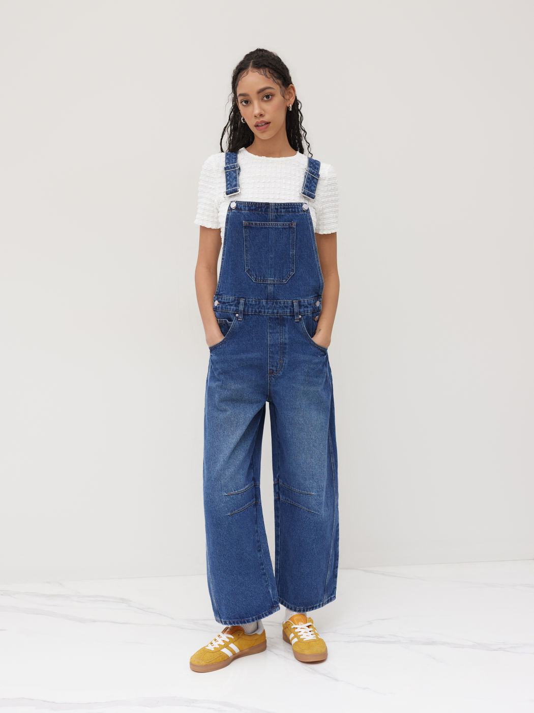 Denim Solid Buckle Pocket Barrel-leg Jumpsuit