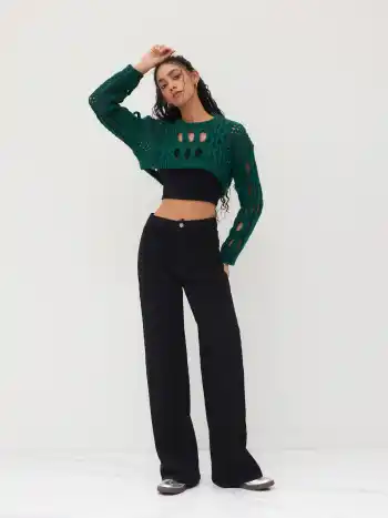 Strick Rundhalsausschnitt Hollow Out Langarm Crop Top